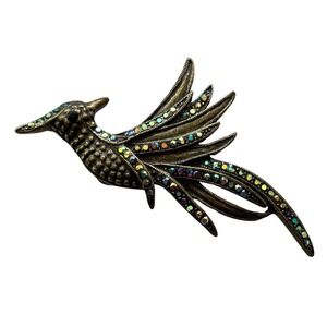 Bird Brooch Pin Vintage Style Aurora Borealis Rhinestones Statement Jewelry